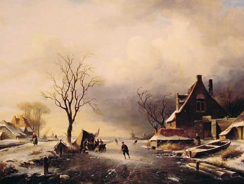 Painting Code#2682-Leickert, Charles Henri Joseph(Belgium): Winter Scene with Skaters