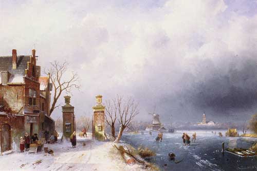 Painting Code#2685-Leickert, Charles Henri Joseph(Belgium): A Sunlit Winter Landscape