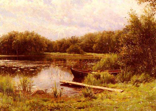 Painting Code#2710-Monsted, Peder Mork(Denmark): A Boat Moored On A Quiet Lake