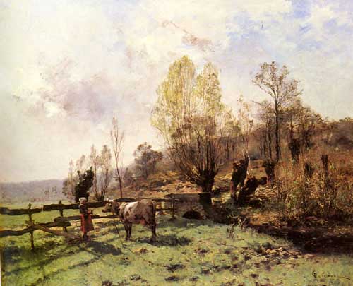 Painting Code#2761-Pelouse, Leon Germain(France): A Pastoral Scene with a Milkmaid and a Cow