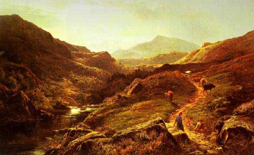 Painting Code#2768-Percy, Sidney Richard(UK): Moel Siabod from Glyn Lledr, with Figures and Cattle on a Riverside Path