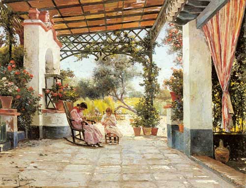 Painting Code#2788-Rodriguez, Manuel Garcia y(Spain): Mother and Daughter Sewing on a Patio