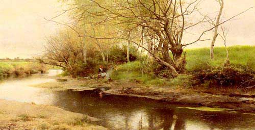 Painting Code#2792-Sanchez-Perrier, Emilio(Spain): A Campfire By The River&#039;s Edge
