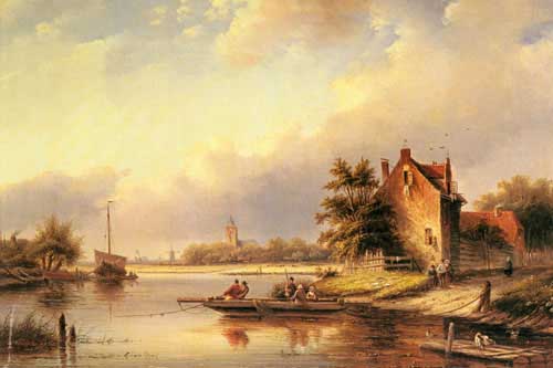 Painting Code#2804-Spohler, Jan Jacob Coenraad(Netherlands): A Summer&#039;s Day at the Ferry Crossing