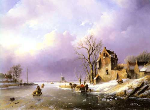 Painting Code#2806-Spohler, Jan Jacob Coenraad(Netherlands): Winter Landscape with Figures on a Frozen River