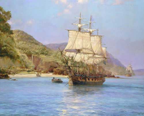 Painting Code#2829-Montague Dawson - he Pirate&#039;s Cove, Wafer Bay, Cocos Island