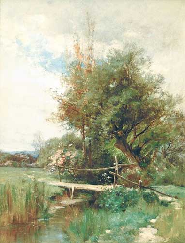 Painting Code#2872-George Henry Smillie - Landscape with Footbridge
