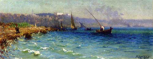 Painting Code#2889-Fausto Zonaro - A View of the Bosphorous from the Old Byzantine Walls, Constantinople