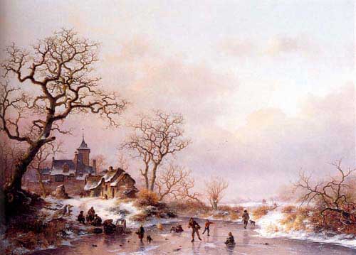 Painting Code#2918-Kruseman, Frederik Marianus(Netherlands): Townsfolk skating on a frozen waterway near a fortified mansion at dusk