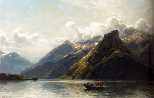 Painting Code#2927-Oesterley, Karl August Heinrich Ferdinand: Summer: Fishing On A Norwegian Fjord
