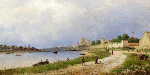 Painting Code#2940-Piotr Petrovitsch Veretschchagin - A View of Pskov along the River Velikaja