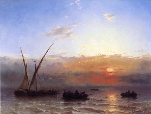 Painting Code#2947-Edward Moran - Fishing Boats at Sunset