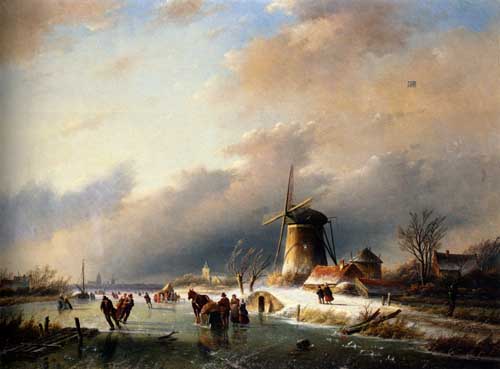 Painting Code#2949-Spohler, Jan Jacob Coenraad(Netherlands): Figures Skating on a Frozen River
