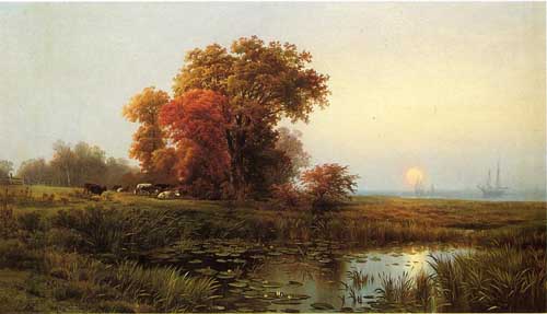 Painting Code#2951-Edward Moran - Sunset on the Marsh