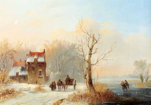 Painting Code#2960-Stok, Jacobus Van Der: A Winter Landscape With Skaters On A Frozen waterway And A Horse-drawn Cart On A Snow-covered Track