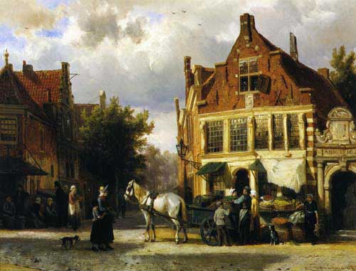 Painting Code#2967-Cornelius Springer - The Corner of Westerstraat and Tabakstraat in Enkhuizen