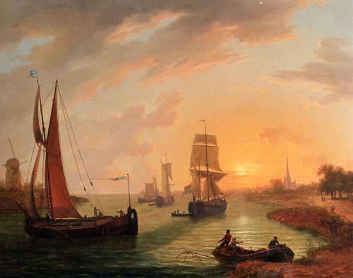 Painting Code#2970-Swager, Frans: An EstuaryWith Various Shipping At Sunset 
 
