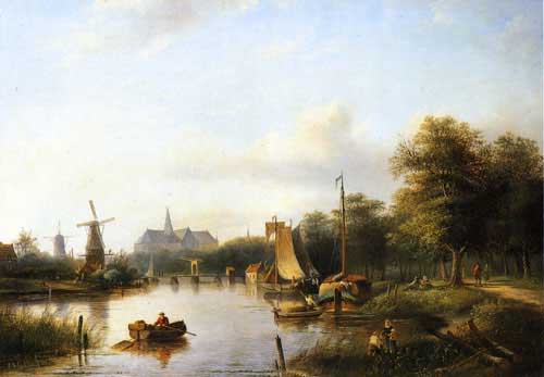 Painting Code#2973-Jan Jacob Spohler - A View of the River Spaarne, Haarlem