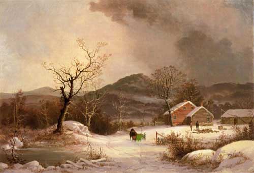 Painting Code#2977-George Henry Durrie - Farmstead and Sleigh in Winter