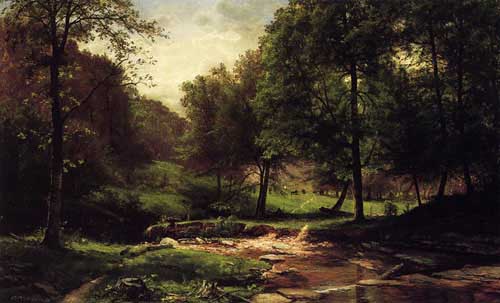 Painting Code#2988-George Hetzel - Stream with Field and Grazing Cattle