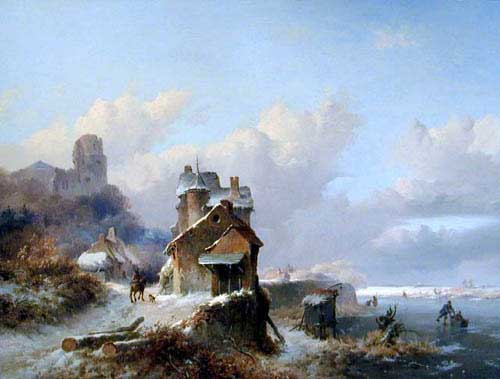 Painting Code#2990-Kruseman, Frederik Marianus(Netherlands): A Winterlandscape With A Horserider On A Track Passing A Farmhouse