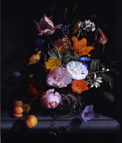 Painting Code#3039-Jacob Van Walscapelle - A Still Life of Flowers and a Branch o f Peaches