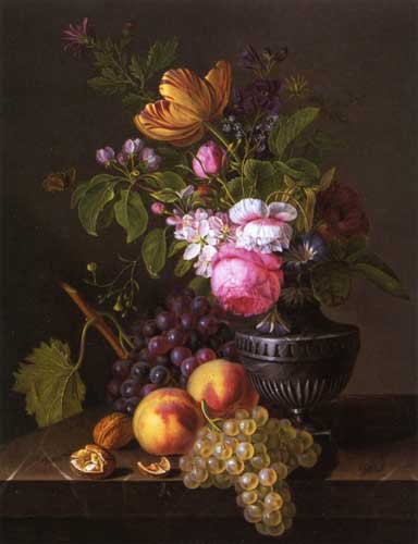Painting Code#3048-Jean-Baptiste Desprest - Still Life with Flowers, Peaches and Grapes