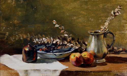 Painting Code#3054-Gregory Frank Harris: Still Life with Raku Pot and Peaches
