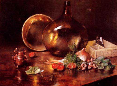 Painting Code#3070-Chase, William Merritt(USA): Still Life (Brass and Glass)