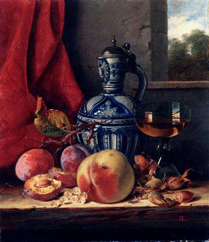 Painting Code#3073-Ladell, Edward: Still Life with Peaches, Whitecurrants, Hazelnuts, a Glass and a Stoneware Jug on a wooden Ledge with a Landscape beyond