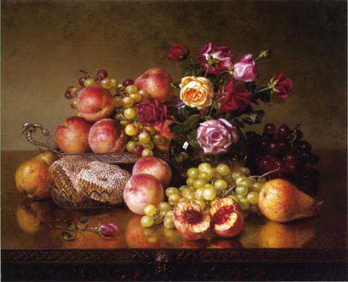 Painting Code#3075-Robert Spear Dunning - Fruit Still Life with Roses and Honeycomb
