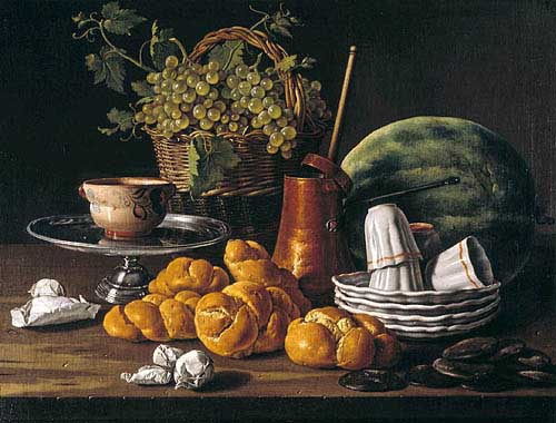 Painting Code#3087-Melendez, Louis(Spain): Still Life with Bread and a ChocalateSet 