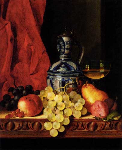 Painting Code#3089-Ladell, Edward: Still Life With Grapes, A Peach, Plums And A Pear On A Table With A Wine Glass And A Flask