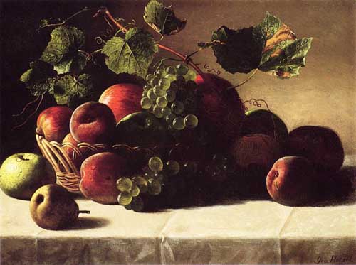 Painting Code#3094-George Hetzel: Still Life with Grapes and Peaches