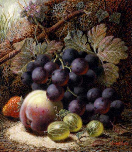 Painting Code#3095-Oliver Clare: Still Life with Black Grapes, a Strawberry, a Peach and Gooseberries on a Mossy Bank