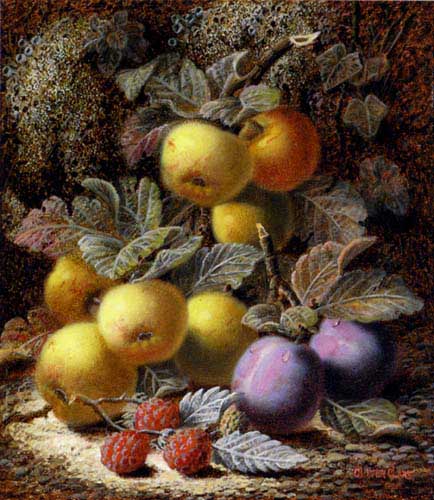 Painting Code#3096-Oliver Clare: Still Life with Apples, Plums and Raspberries on a Mossy Bank