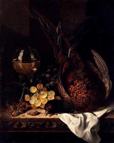 Painting Code#3107-Ladell, Edward: Still Life with a Pheasant, Grapes, Hazelnuts and a Hock Glass on a wooden Ledge