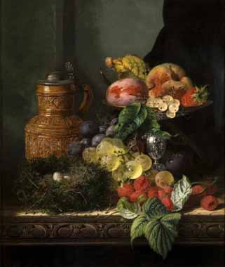 Painting Code#3120-Ladell, Edward - Still Life of Fruit and Birds Nest on a Wooden Ledge