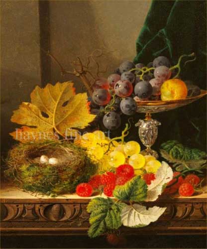 Painting Code#3121-Ladell, Edward - Still Life of Fruit and Birds Nest on a Wooden Ledge 
