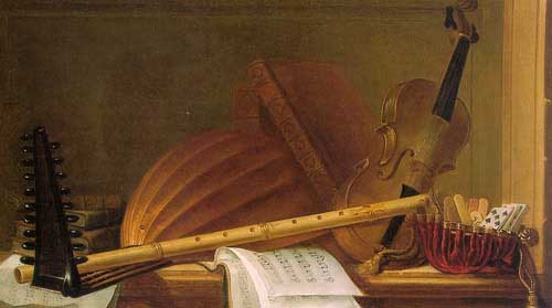 Painting Code#3143-Huilliot, Pierre Nicolas(France): Still Life of Musical Instruments
