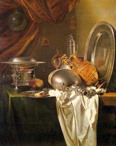 Painting Code#3145-Kalf, Willem(Holland): Still Life with Chafing Dish, Pewter, Gold, Silver, and Glassware