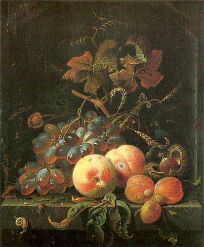 Painting Code#3148-Mignon, Abraham (Germany): Still Life with Peaches, Grapes, and Apricots