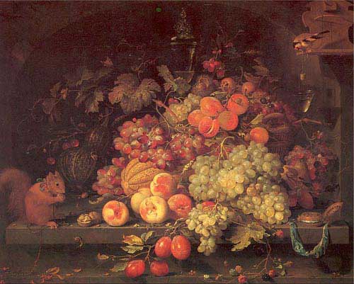 Painting Code#3150-Mignon, Abraham (Germany): Fruit Still Life with Squirrel and Goldfinch