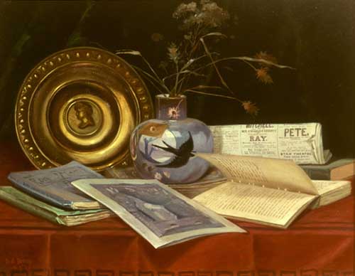Painting Code#3161-Books, Copper Plate and Flowers in Blue Vase
