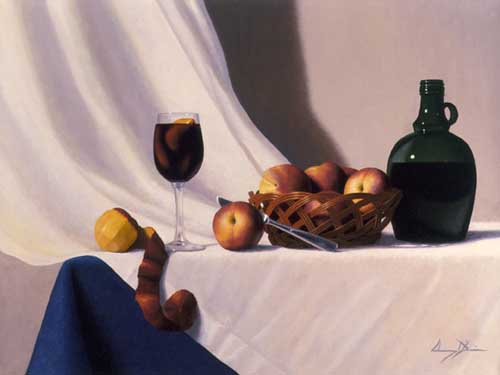 Painting Code#3165-Still Life with Green Pot and Apples in Basket