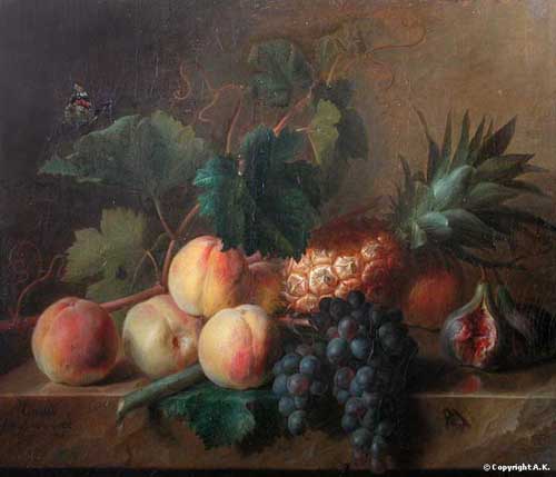 Painting Code#3170-Cornelis Spaendonck - Peches, raisins et ananas sur une table de pierre
