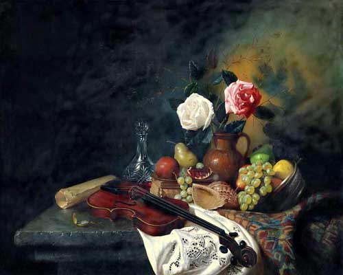 Painting Code#3186-Still Life with Violin, Fruits, and Flowers in a Copper Vase