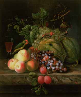 Painting Code#3258-Jakob Bogdani Or Bogdany - Still Life of Fruit on a Ledge with Parakeets