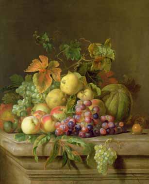 Painting Code#3260-Jakob Bogdani Or Bogdany - Still Life of Melons, Grapes and Peaches on a Ledge