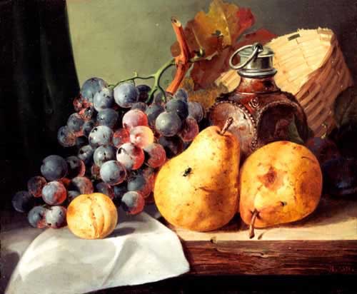 Painting Code#3261-Ladell, Edward: Pears, Grapes, A Greengage, Plums A Stoneware Flask And A Wicker Basket On A Wooden Ledge